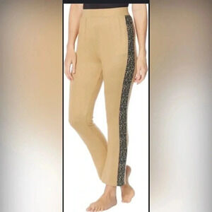 Rhonda Shear Leopard Stripe Beige Women's Stretchy Soft Lounge Pants Size Large